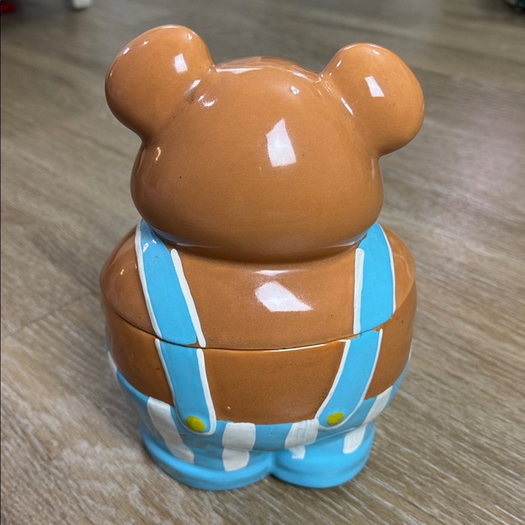Vintage Teddy Bear Blue Striped Overalls Ceramic Cookie Jar Cottage Core - Picture 5 of 10